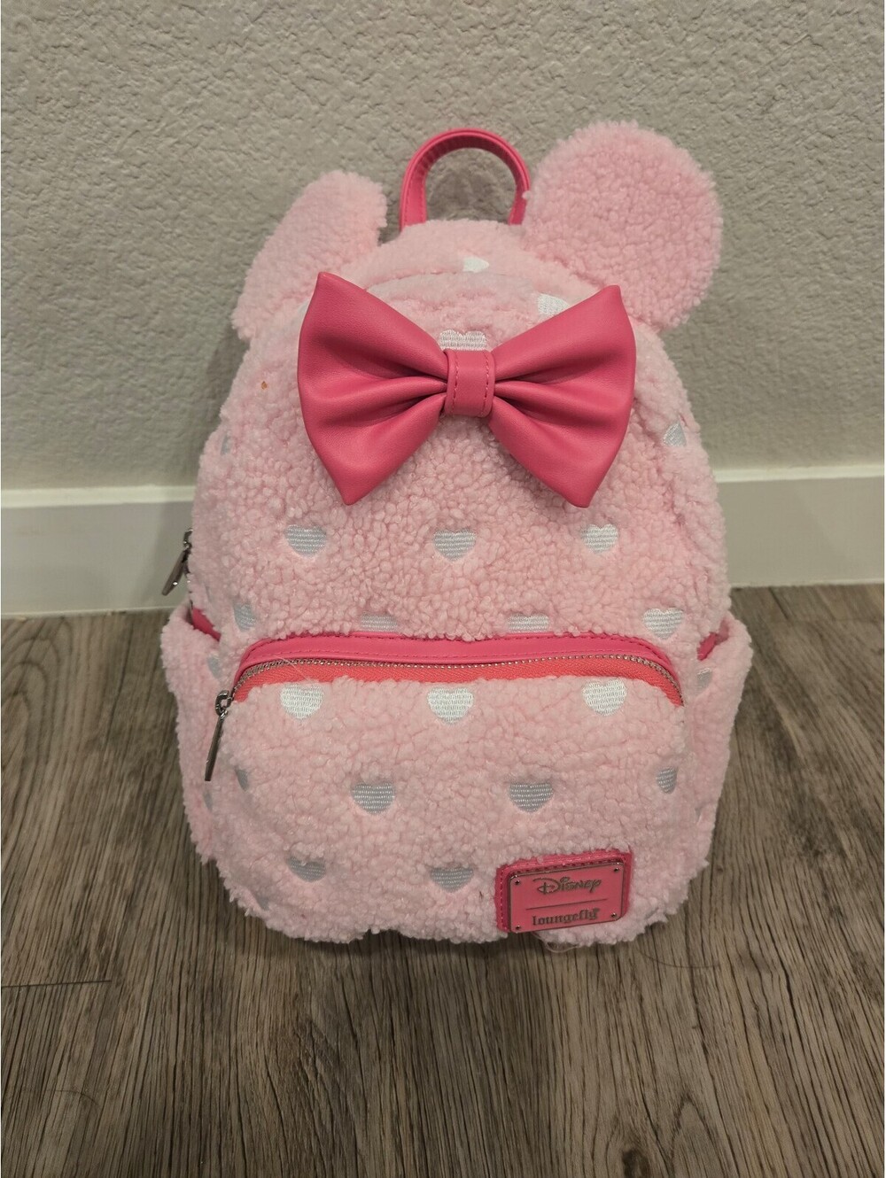 Disney Minnie Mouse Pink Fuzzy Heart Bow Backpack